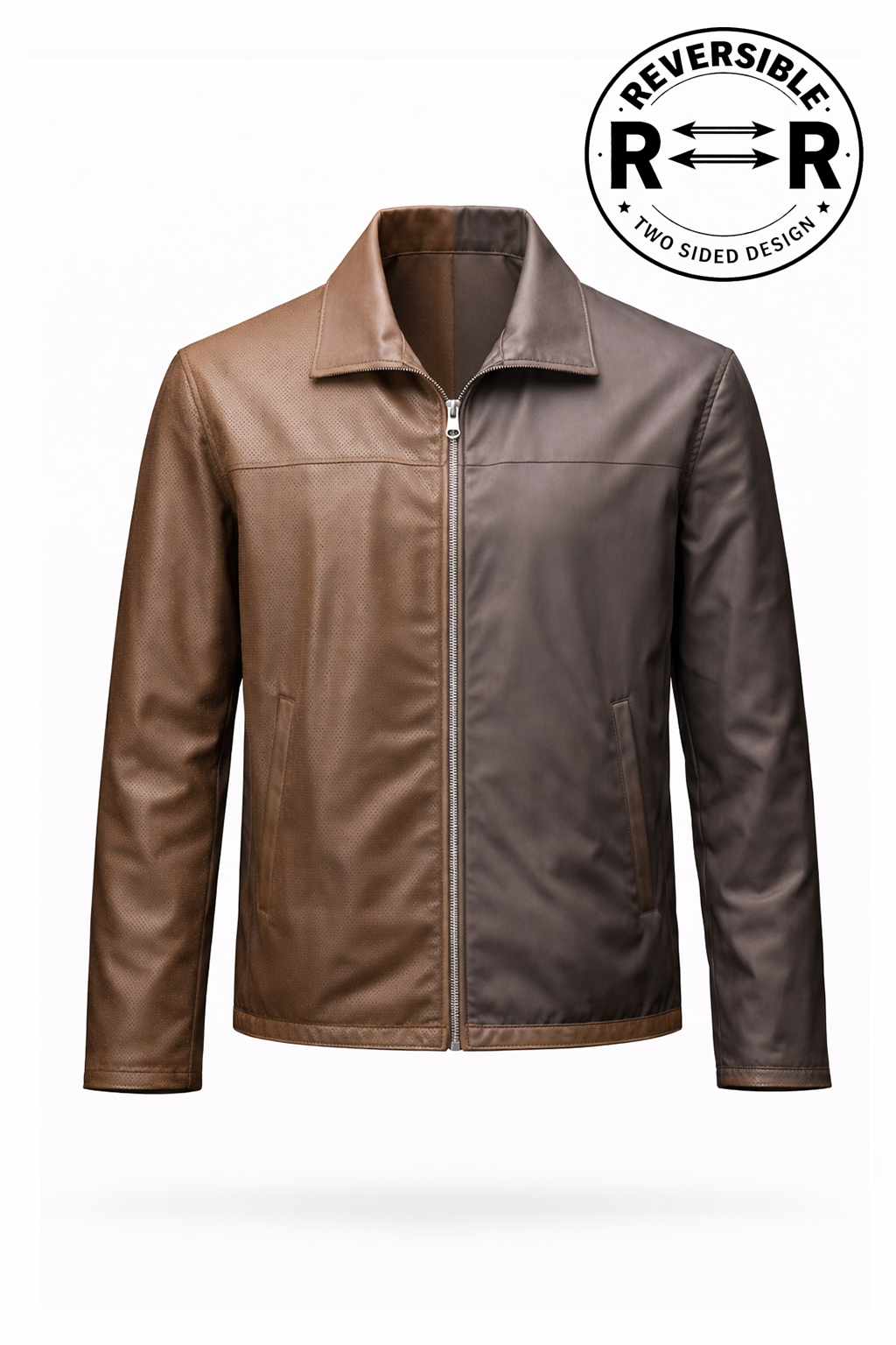 Reversble Lamb Leather and Windproof Fabric Brown Jacket for Men