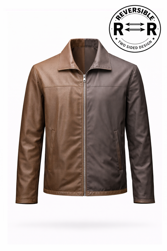 Reversble Lamb Leather and Windproof Fabric Brown Jacket for Men