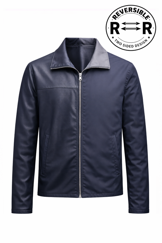 Reversble Lamb Leather and Windproof Fabric Black and Navy Blue Jacket for Men