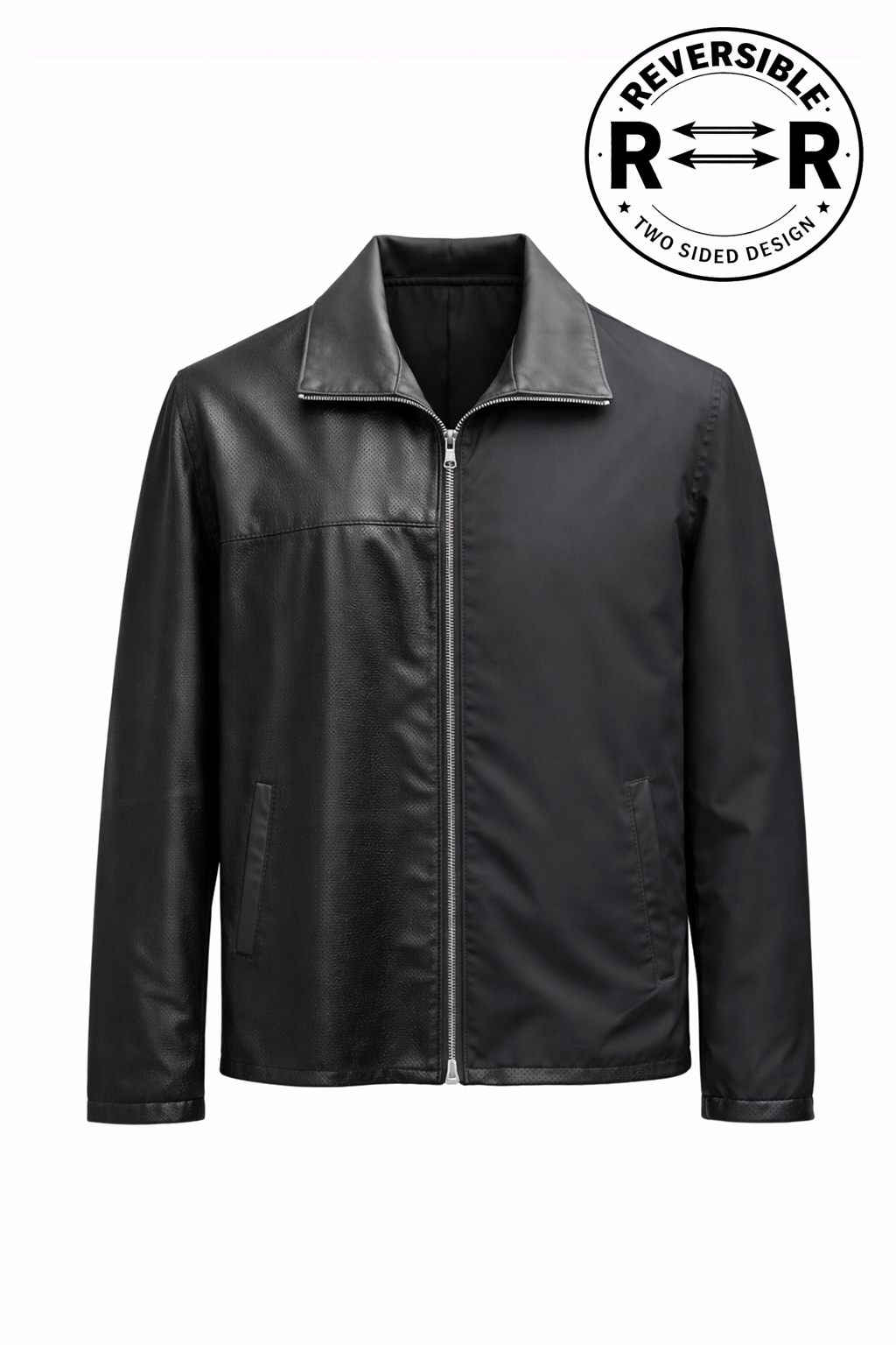 Reversble Lamb Leather and Windproof Fabric Black Jacket for Men