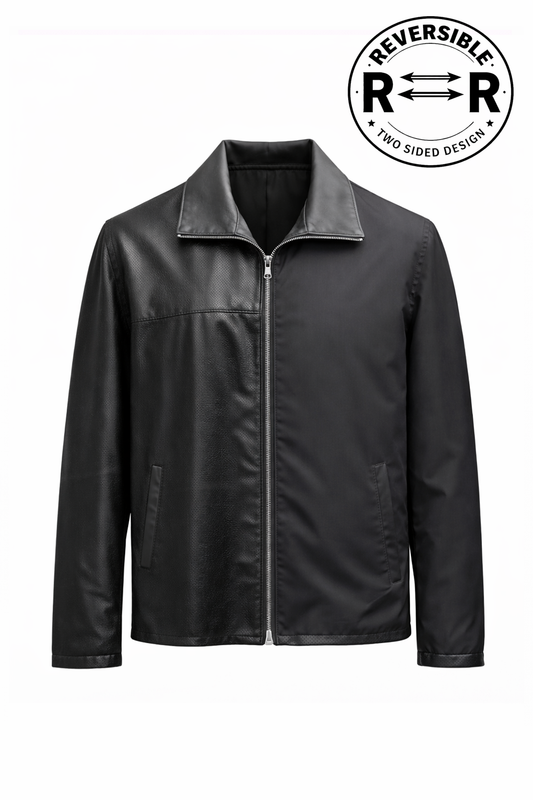 Reversble Lamb Leather and Windproof Fabric Black Jacket for Men