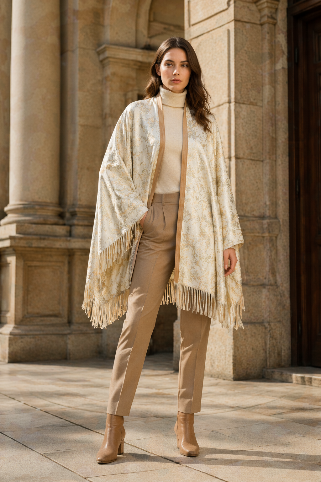Lamb Leather Beige White Poncho for Women
