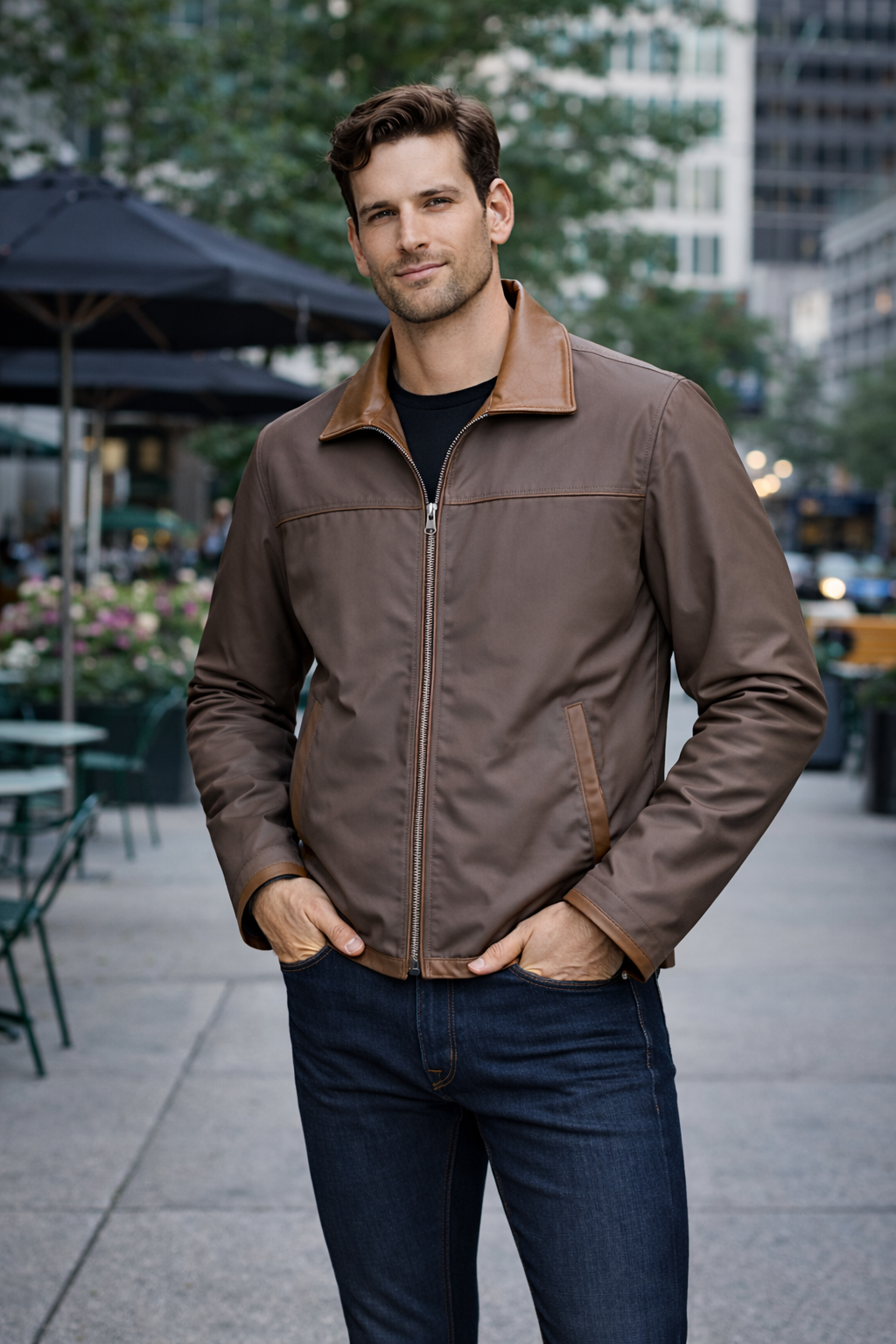 Reversble Lamb Leather and Windproof Fabric Brown Jacket for Men