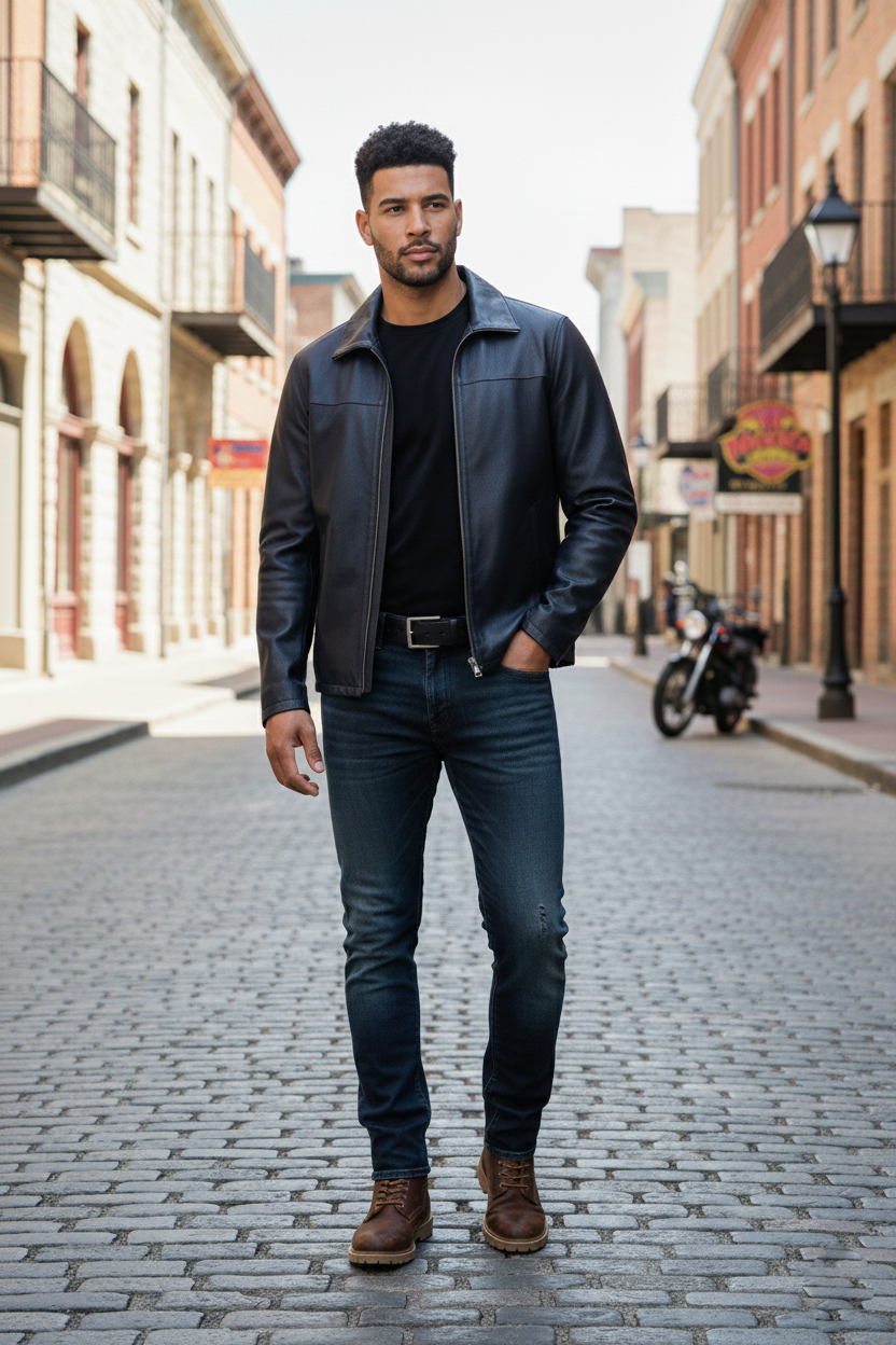 Reversble Lamb Leather and Windproof Fabric Black and Navy Blue Jacket for Men