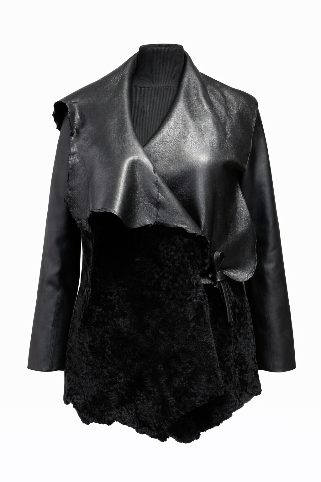 BLACK SUEDE AND LEATHER WOMEN'S JACKET WITH PIECE CUT.