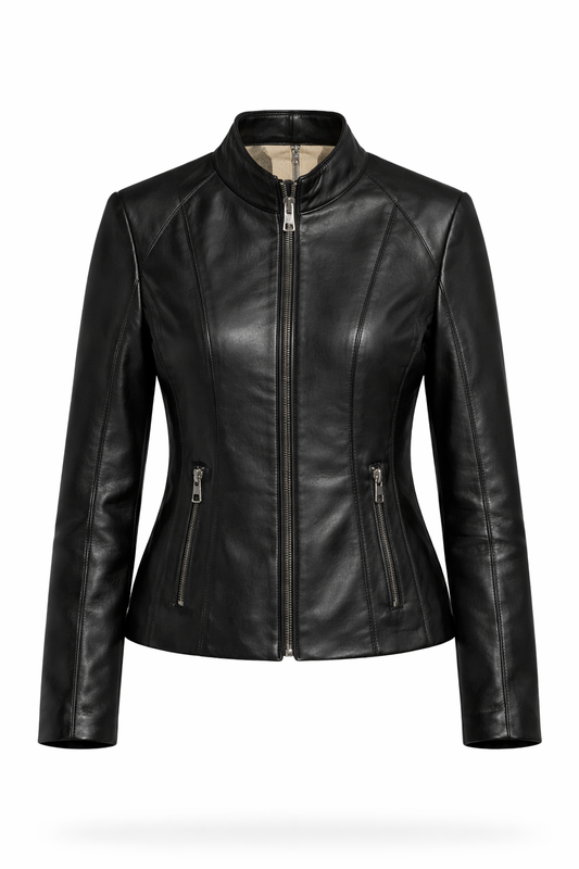 Black Lamb Zig Leather Women Sporty Leather Jacket