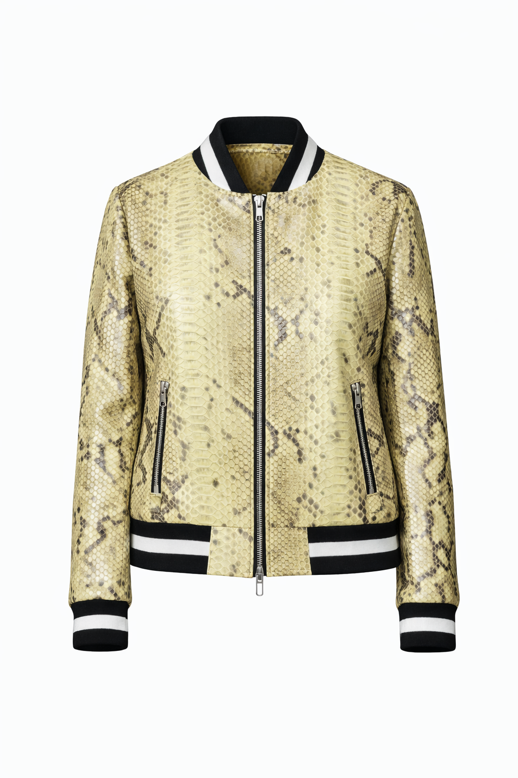 Yellow Lamb Python Print Women College Leather Jacket