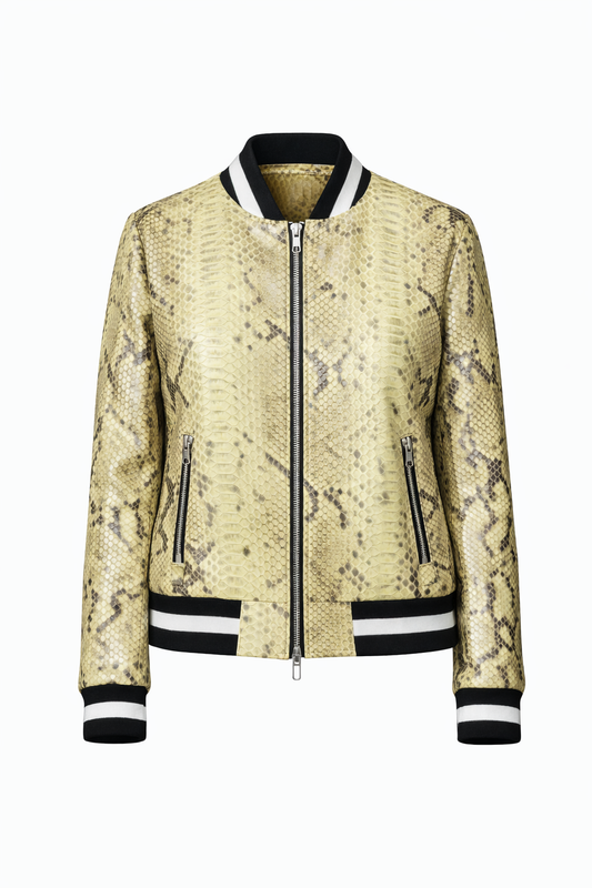 Yellow Lamb Python Print Women College Leather Jacket