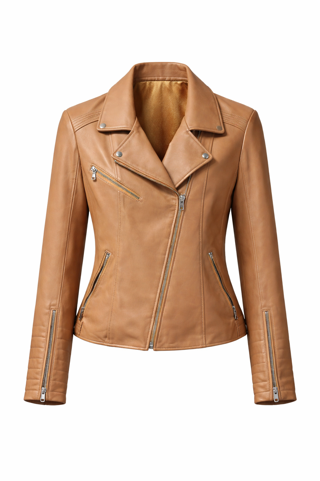 Perfecto Light Brown Lamb Leather Women Biker Leather Jacket-Brest