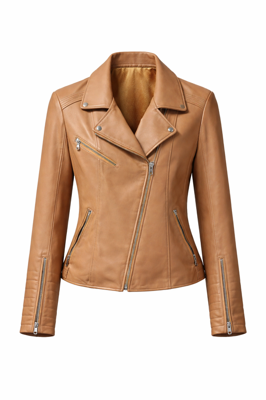 Perfecto Light Brown Lamb Leather Women Biker Leather Jacket-Brest