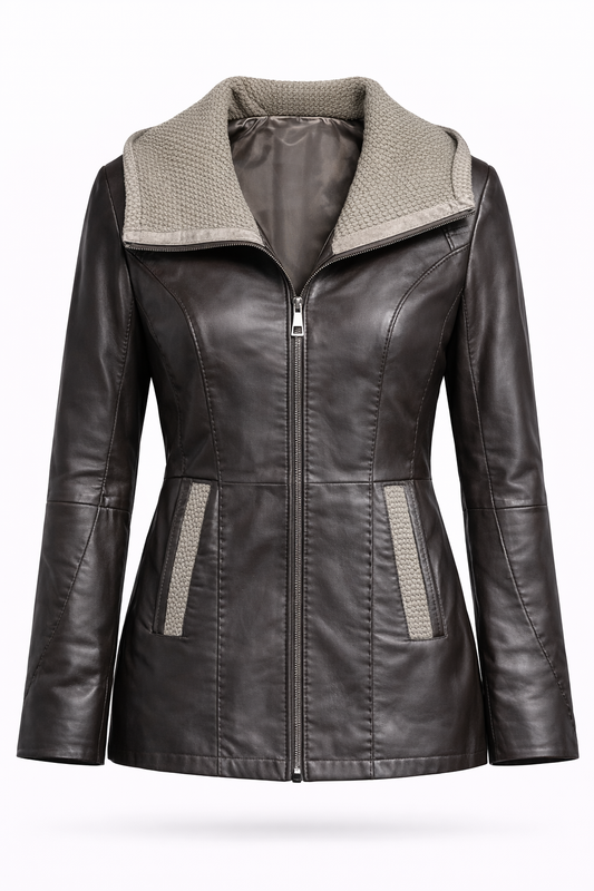 Dark Brown Zipper Women Leather Jacket