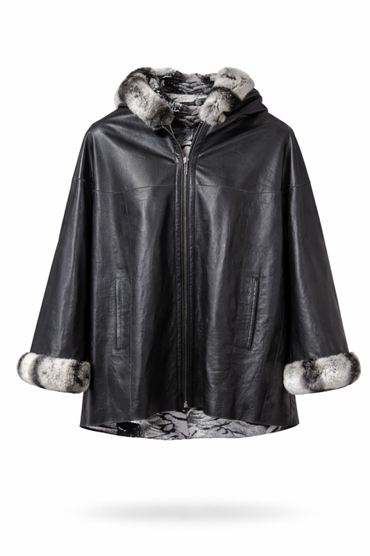 Lamb Leather Black Leather Jacket With Rex Fur for Women