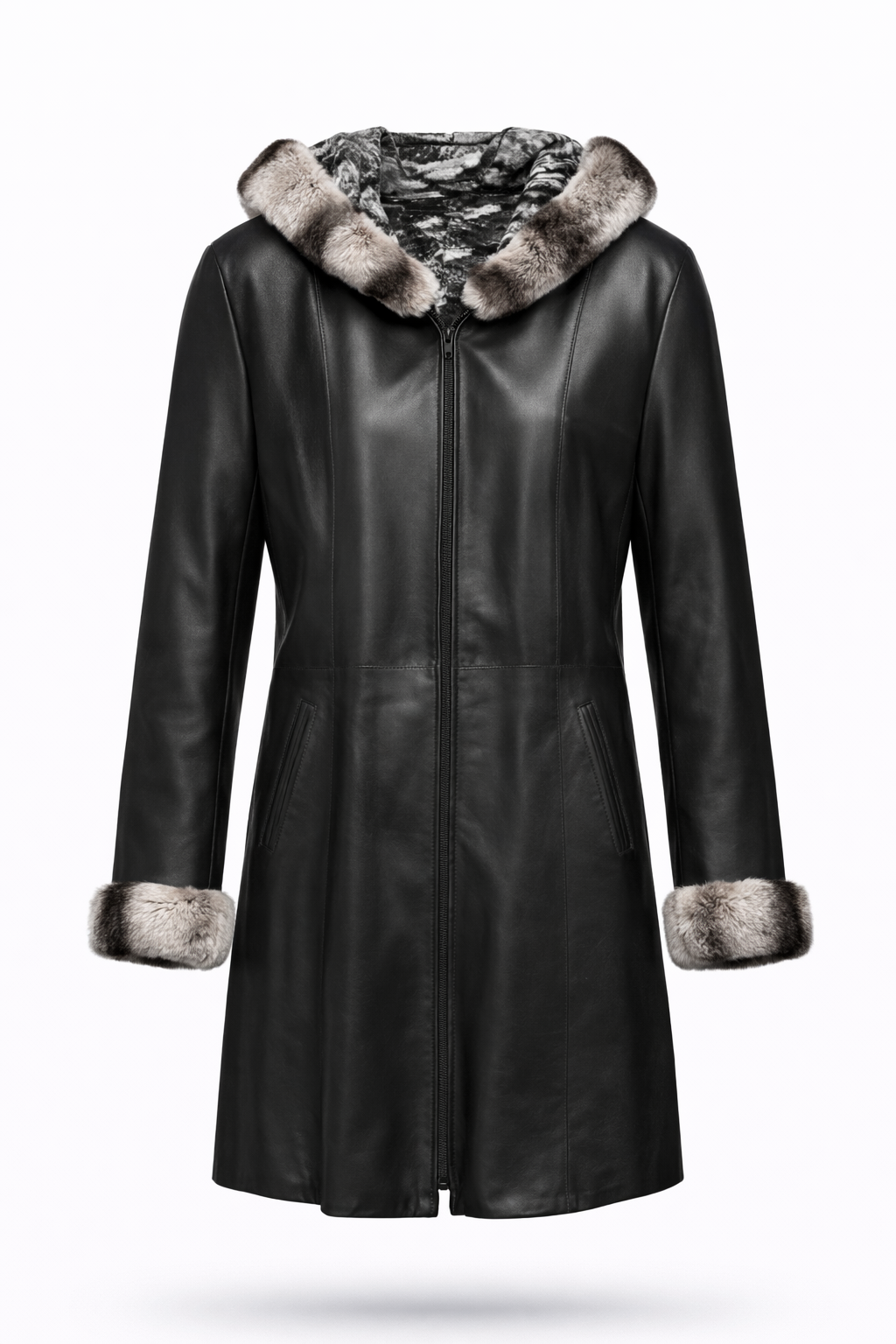 Lamb Leather Black Leather with Rex Fur Jacket for Women Long Model