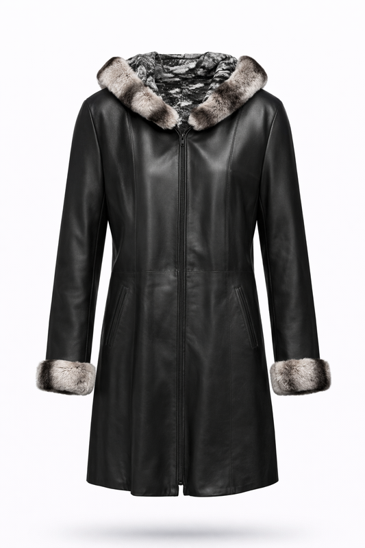 Lamb Leather Black Leather with Rex Fur Jacket for Women Long Model