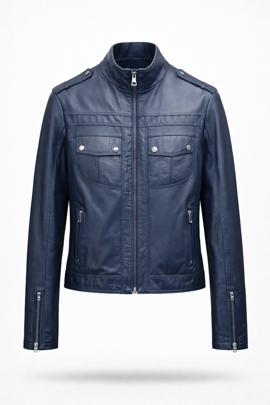 Lamb Leather Navy Leather Jacket for Women