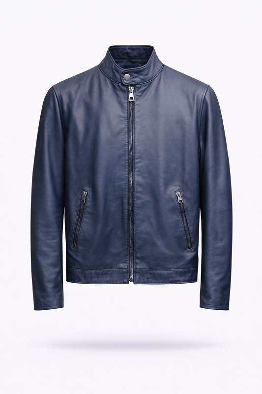 Lamb Leather Navy Blue Leather Jacket for Men