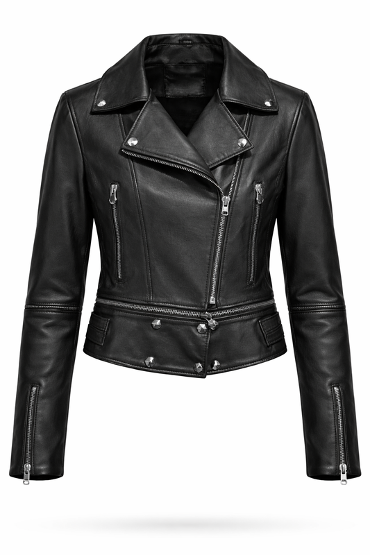 Black Zig Lamb Leather Zipper Motorcycle Women Jacket