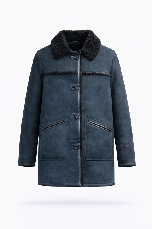 Dark blue coat with black shearling collar on a white background