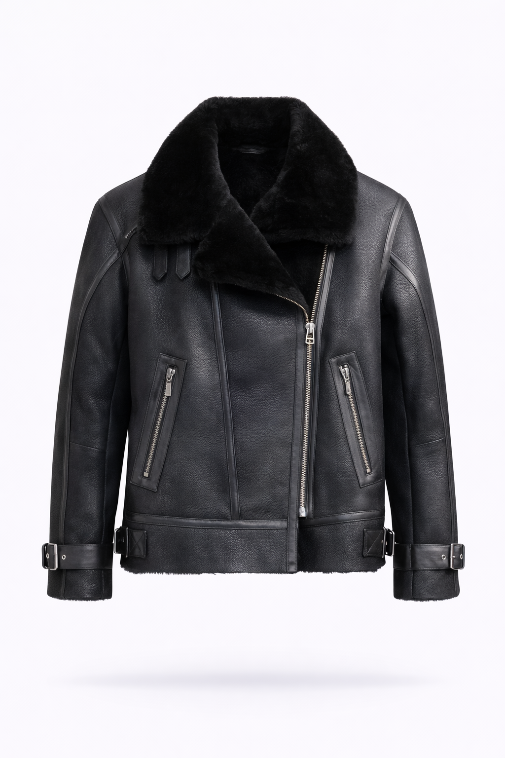 Lamb Leather Black Biker Jacket with Fur for Men