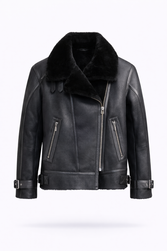Lamb Leather Black Biker Jacket with Fur for Men
