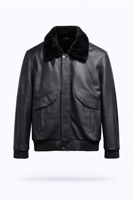 Lamb Leather with Fur Black Leather Jacket for Men