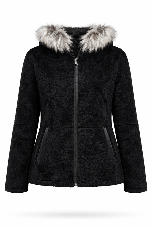 Black Full Fur hooded Women Leather Jacket