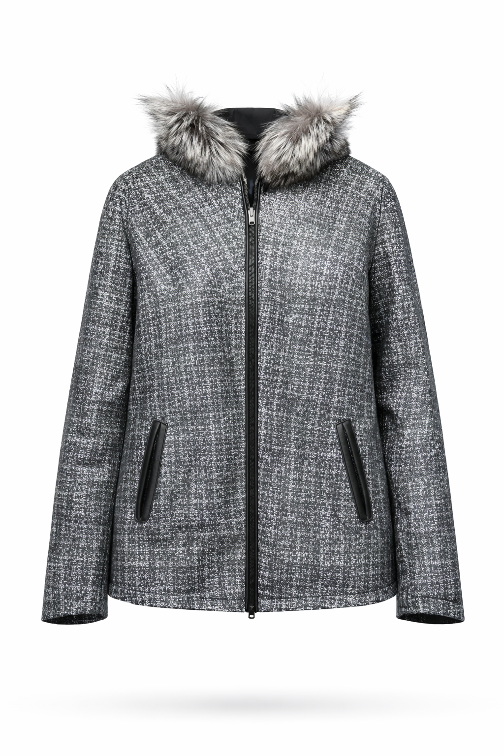 Women's Leather Jacket with Furry Lambskin and Digital Print