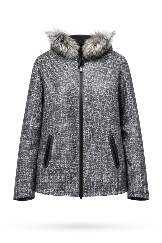 Women's Leather Jacket with Furry Lambskin and Digital Print