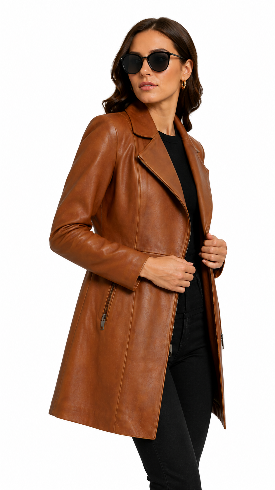Brown Leather Long Jacket for Women