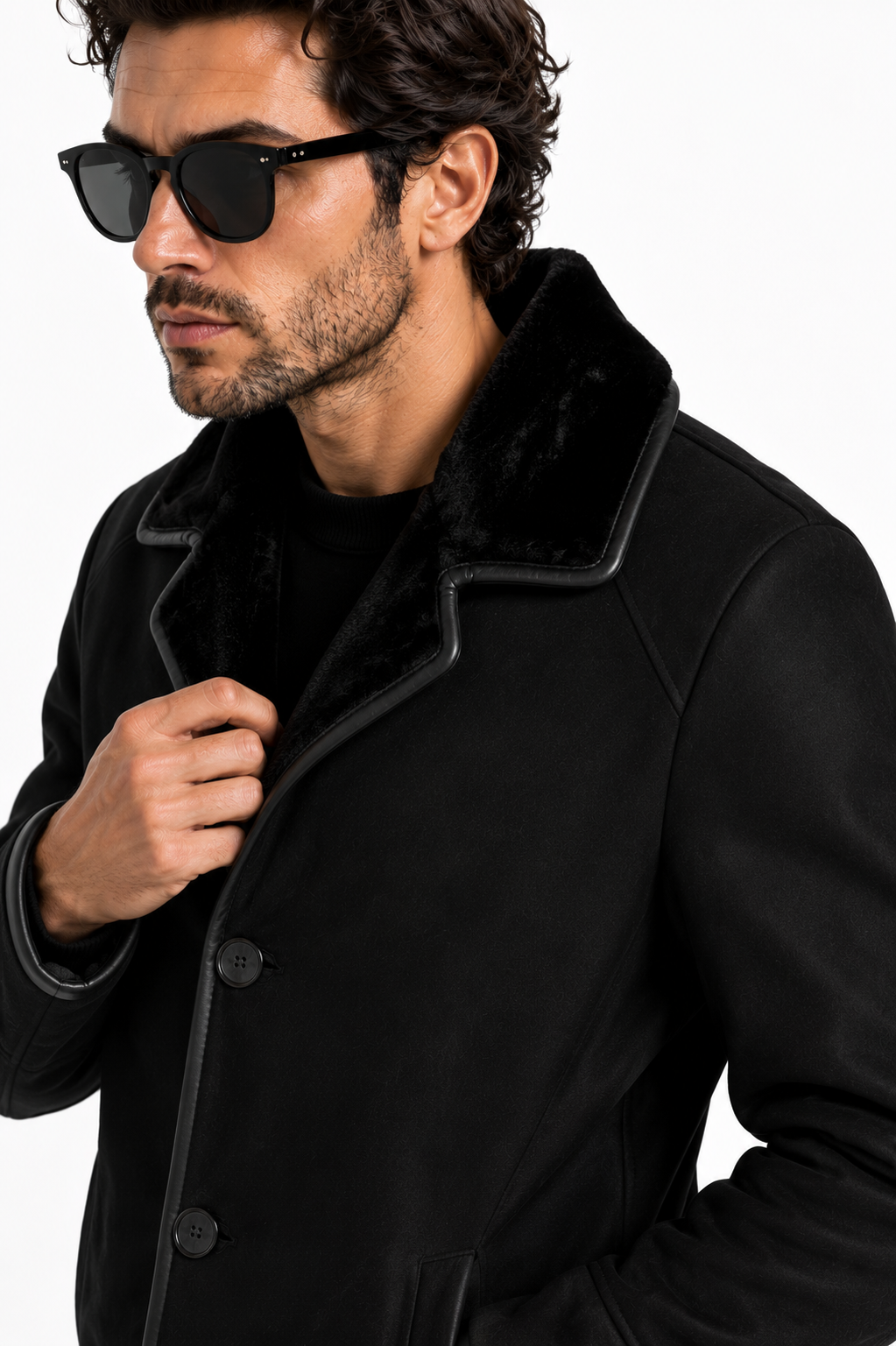 Black Fur Suede Leather Jacket for Men