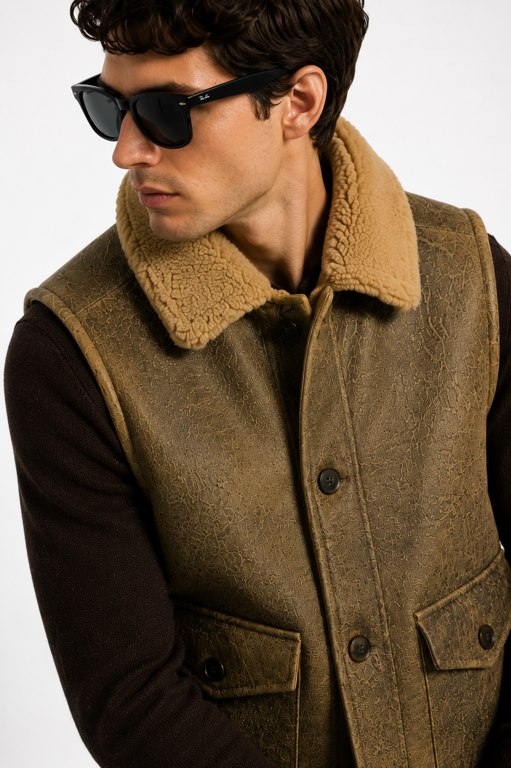Khaki Brown Leather with Fur Waistcoat for Men
