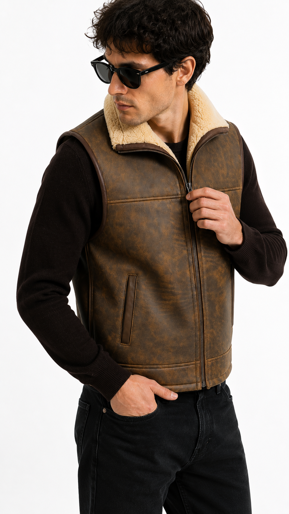 Brown and White Leather Fur Waistcoat for Men