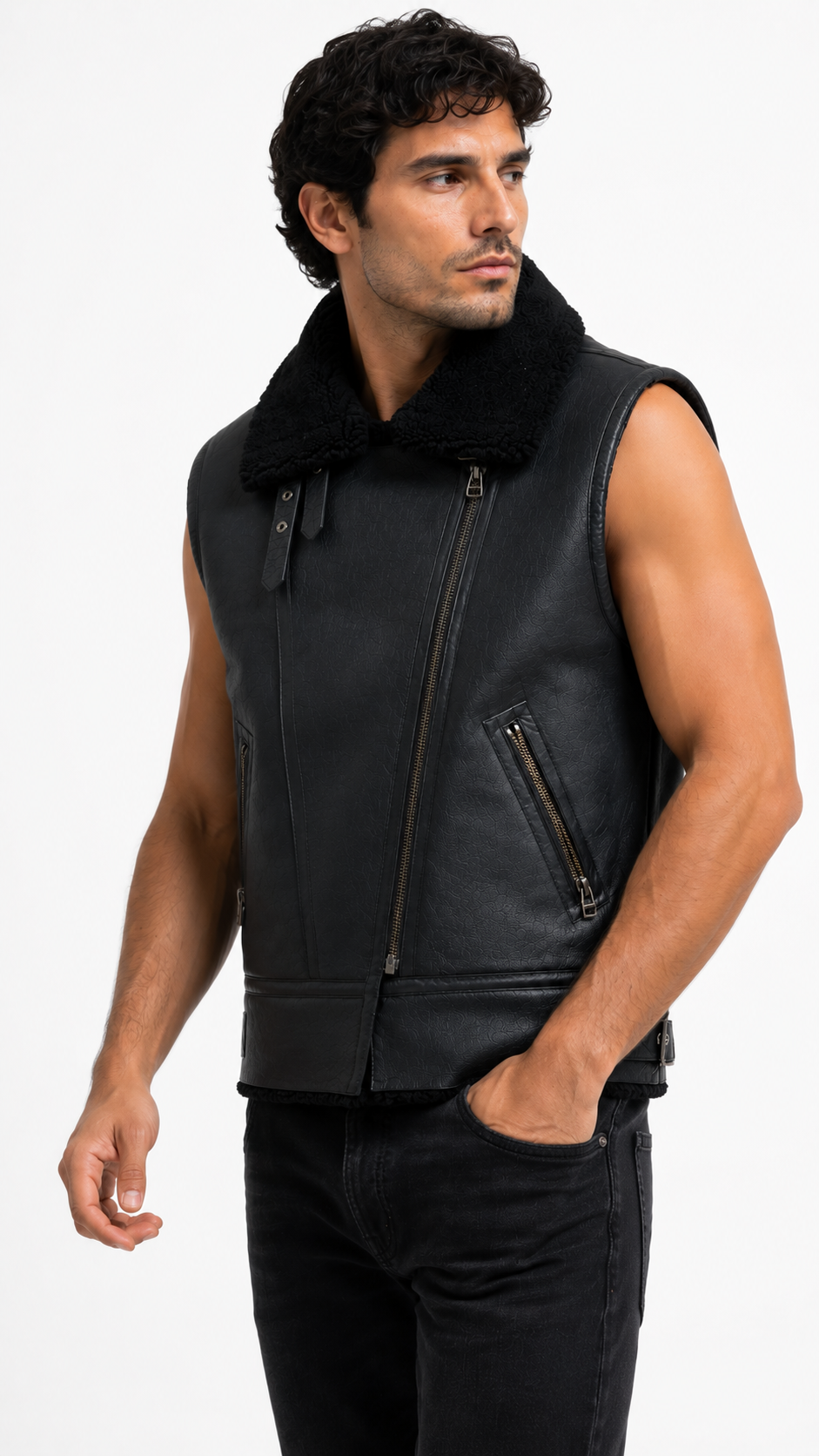 Black Leather and Fur Waistcoat for Men