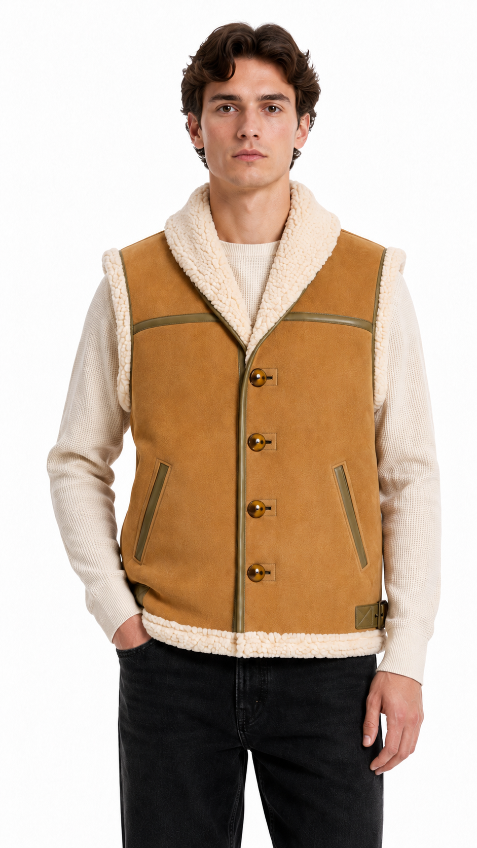 Light Brown White Lamb Fur and Leather Suede Waistcoat for Men
