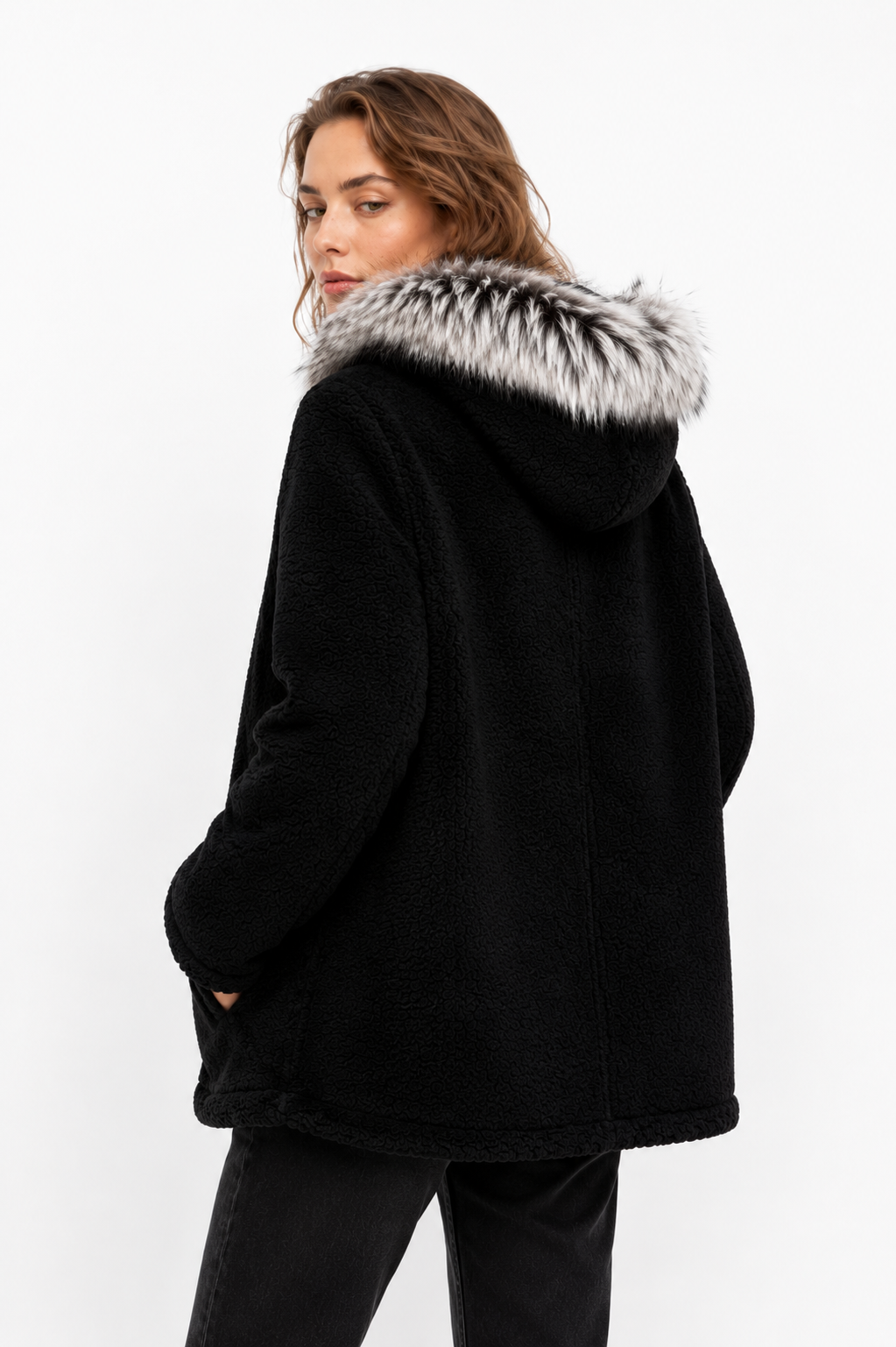 Reversible Black Leather Suede and Digital Printed Leather Hooded Jacket with Fur for Women