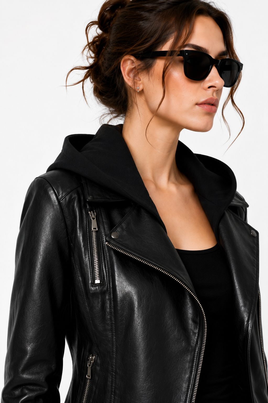 Black Lamb Leather Hooded Jacket for Women