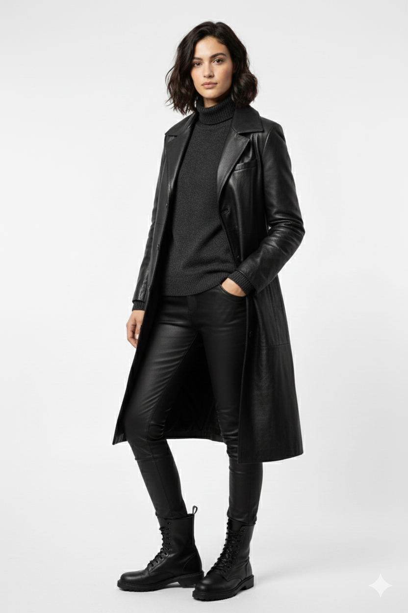 Black Long Lamb Leather Jacket for Women