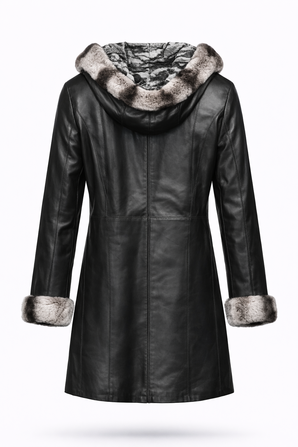 Lamb Leather Black Leather with Rex Fur Jacket for Women Long Model