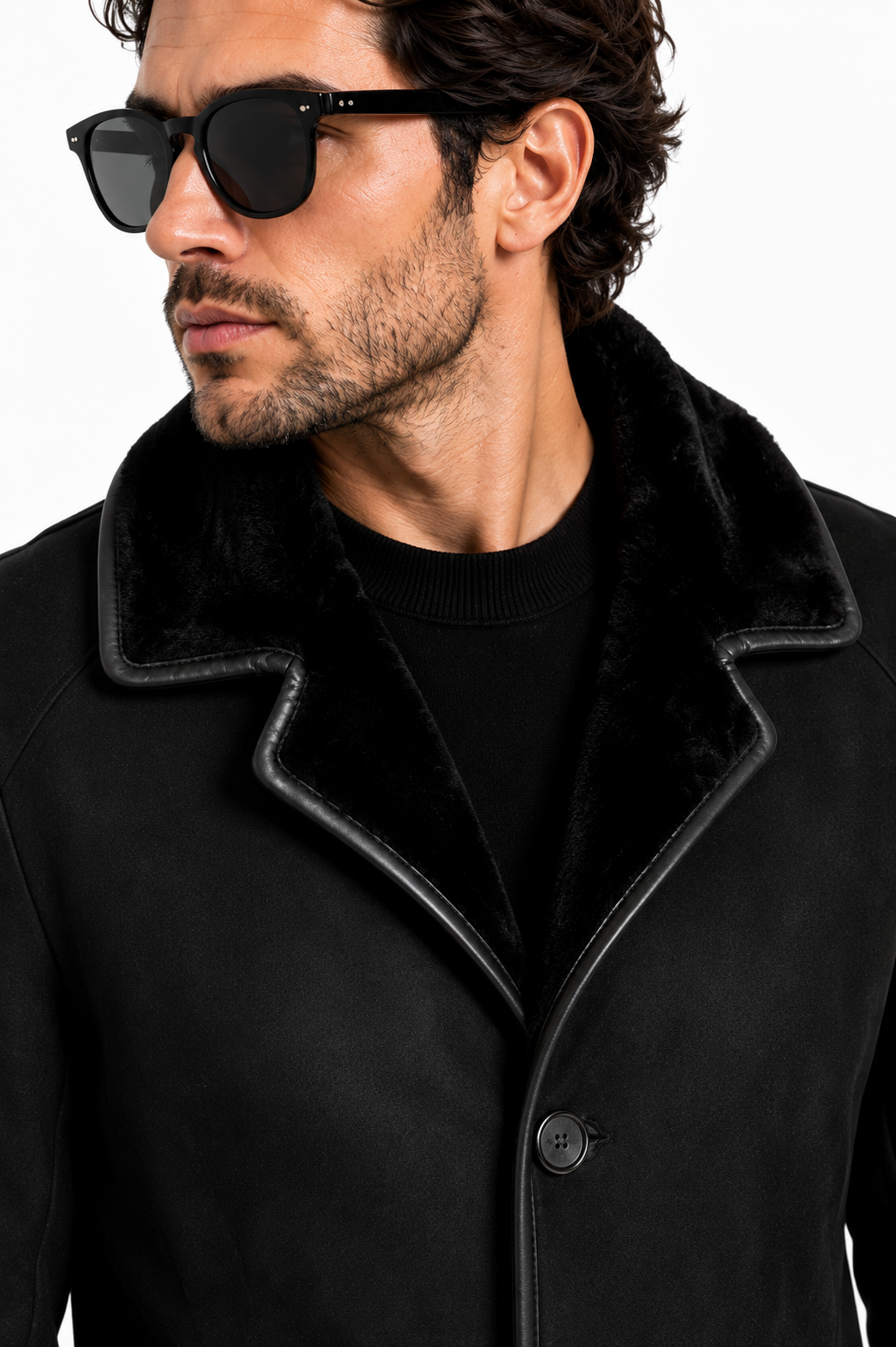 Black Fur Suede Leather Jacket for Men