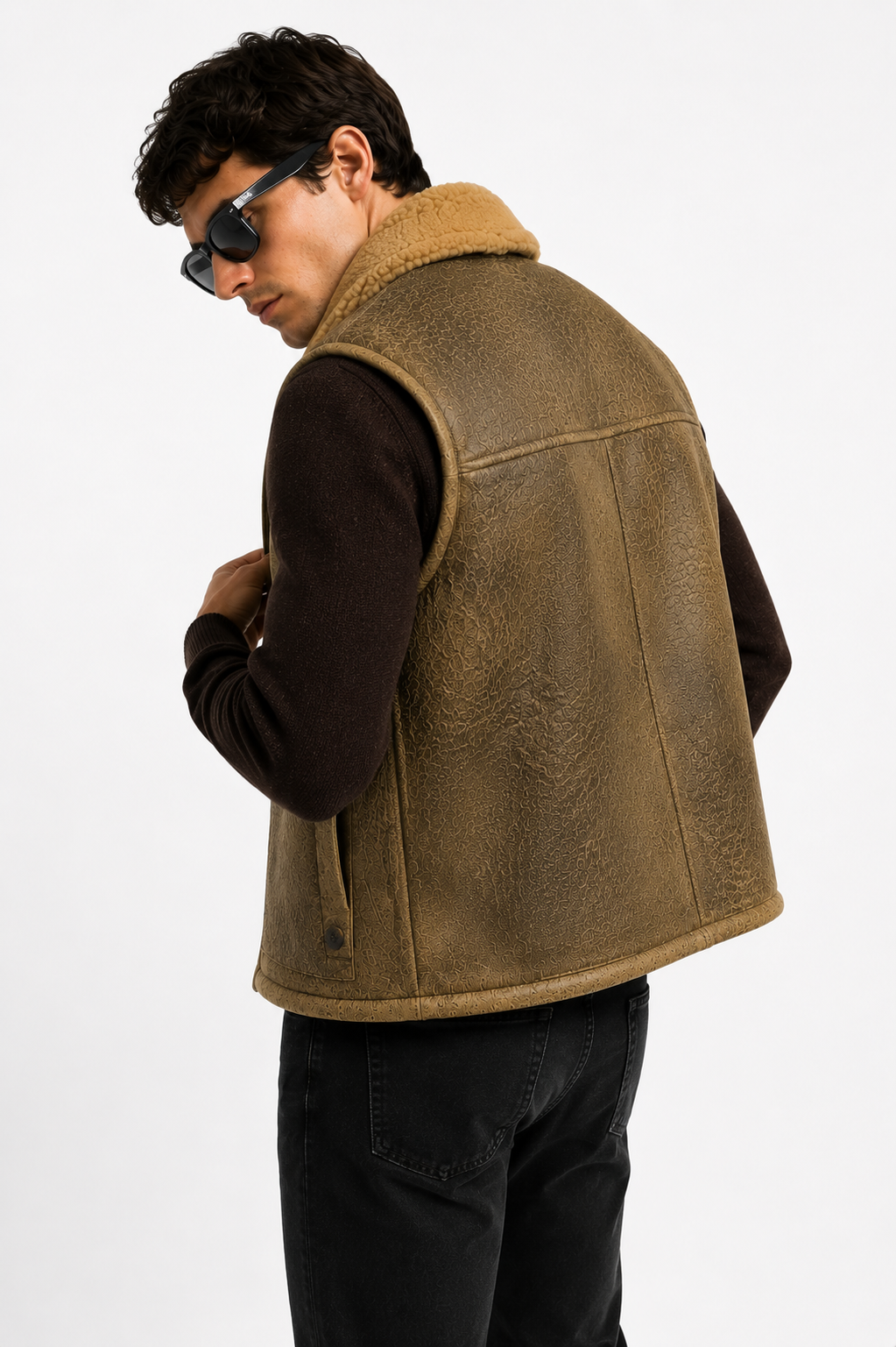Khaki Brown Leather with Fur Waistcoat for Men