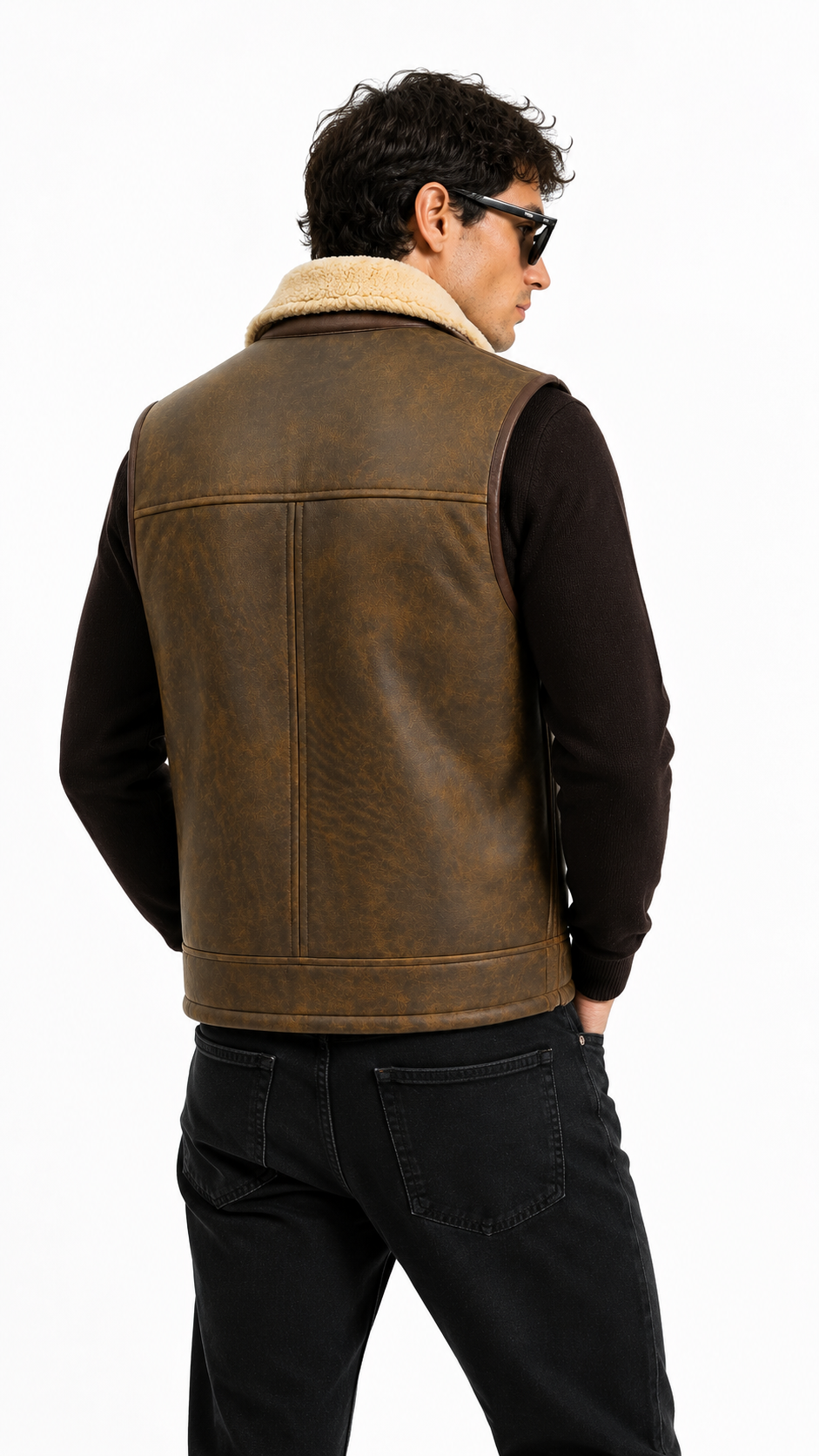 Brown and White Leather Fur Waistcoat for Men