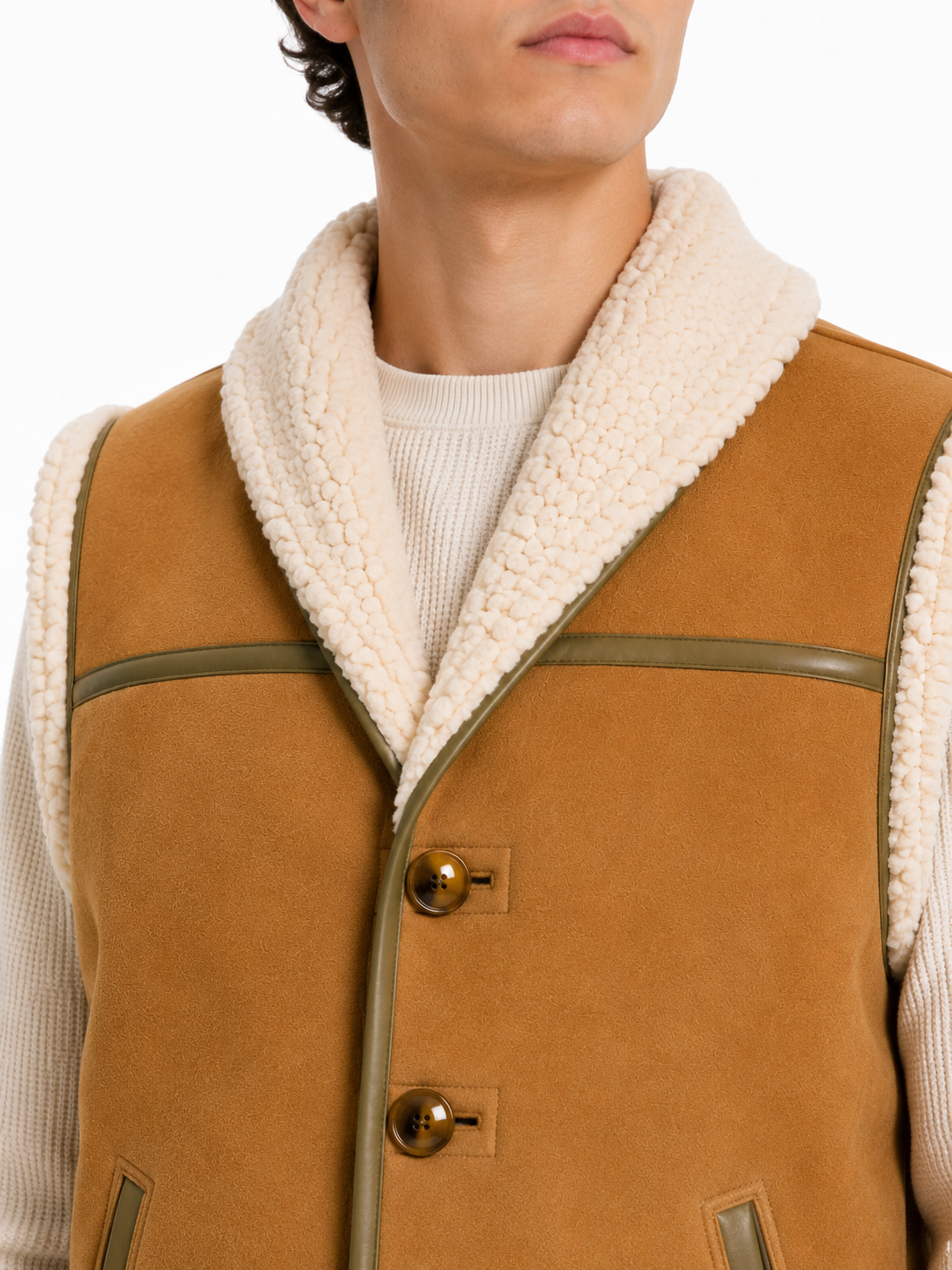 Light Brown White Lamb Fur and Leather Suede Waistcoat for Men