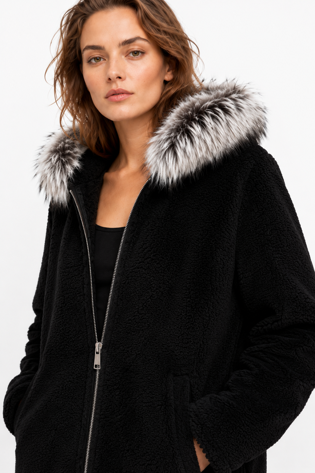 Reversible Black Leather Suede and Digital Printed Leather Hooded Jacket with Fur for Women