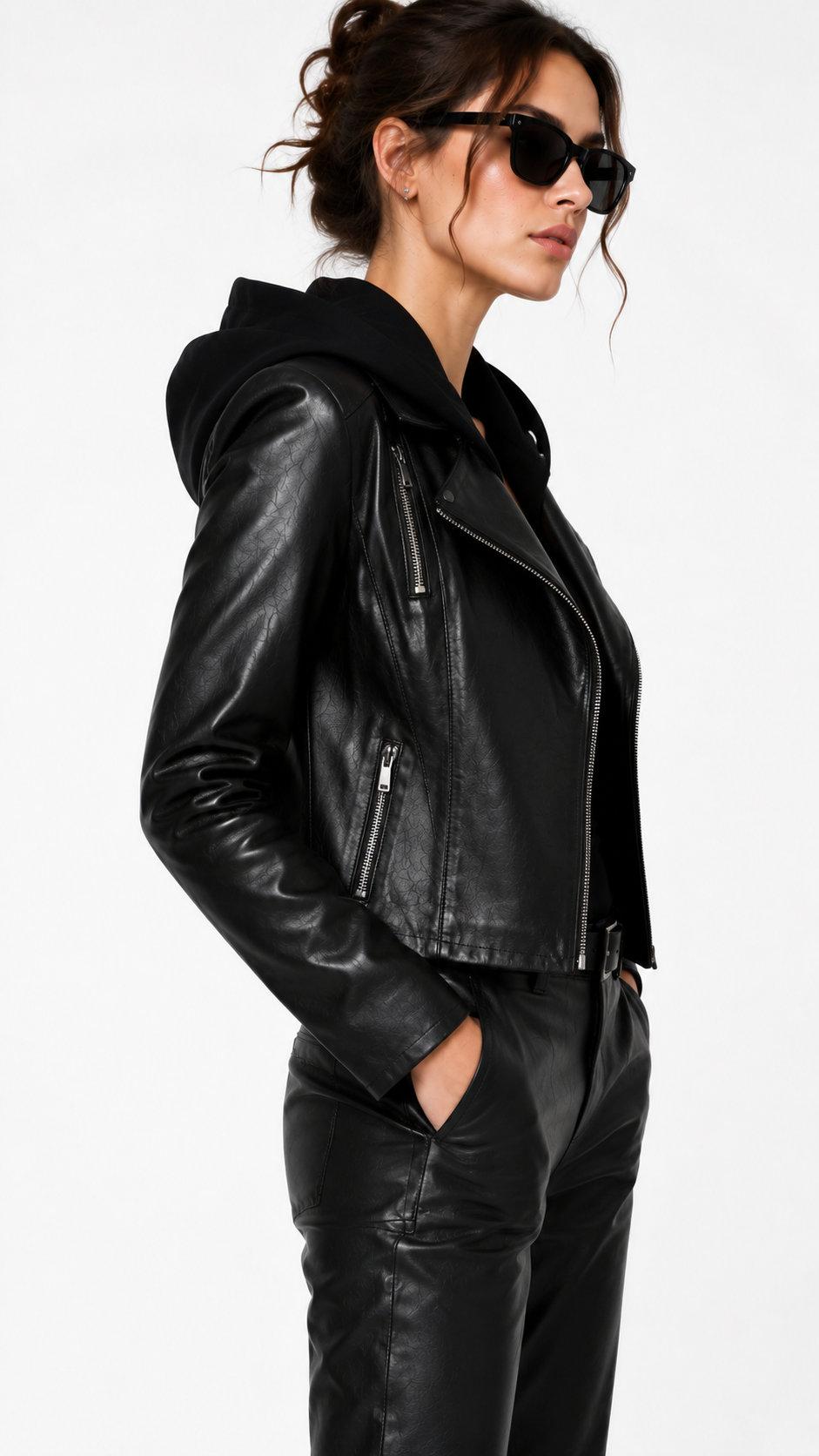 Black Lamb Leather Hooded Jacket for Women