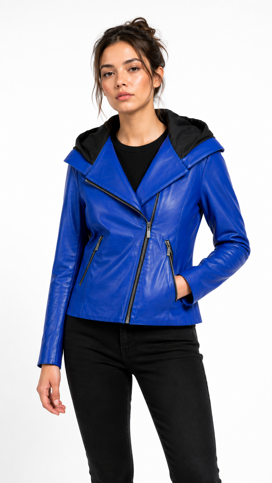 Blue Lamb Leather Hooded Jacket for Women