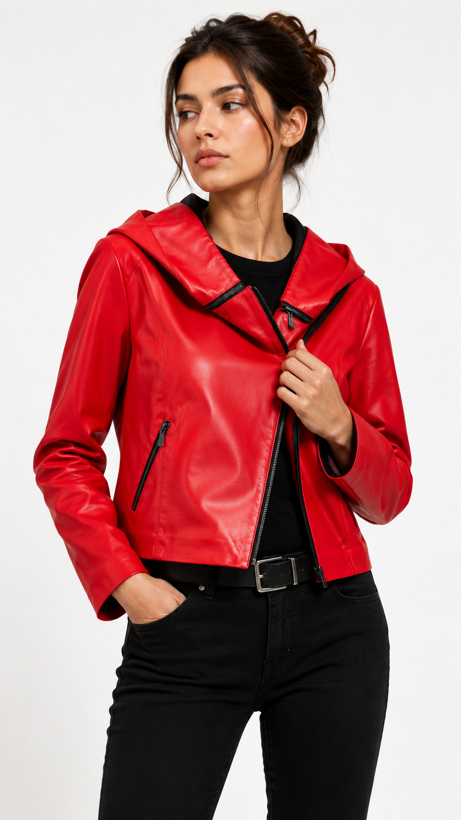 Red Lamb Leather Hooded Jacket for Women