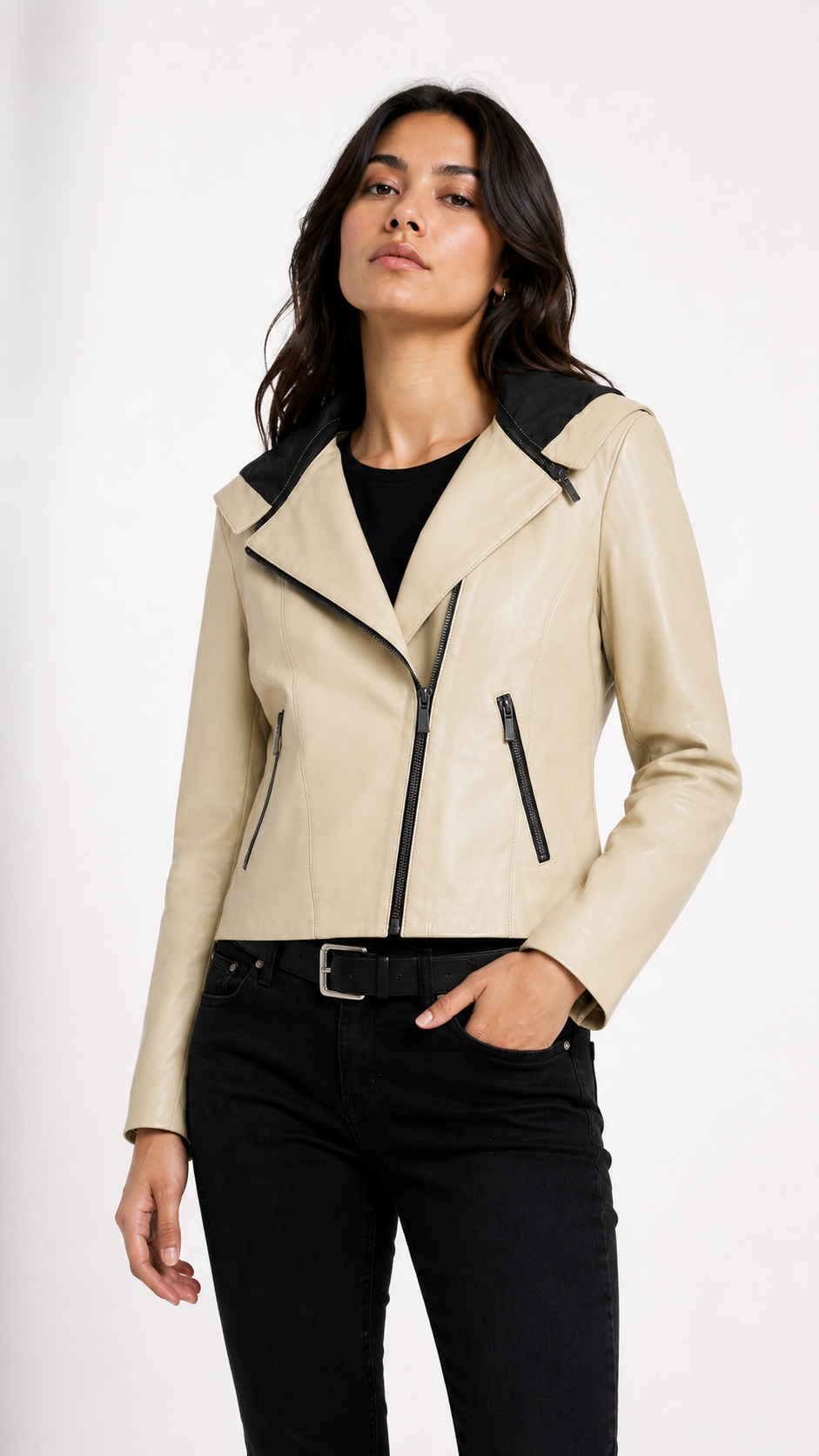 Beige Lamb Leather Hooded Jacket for Women