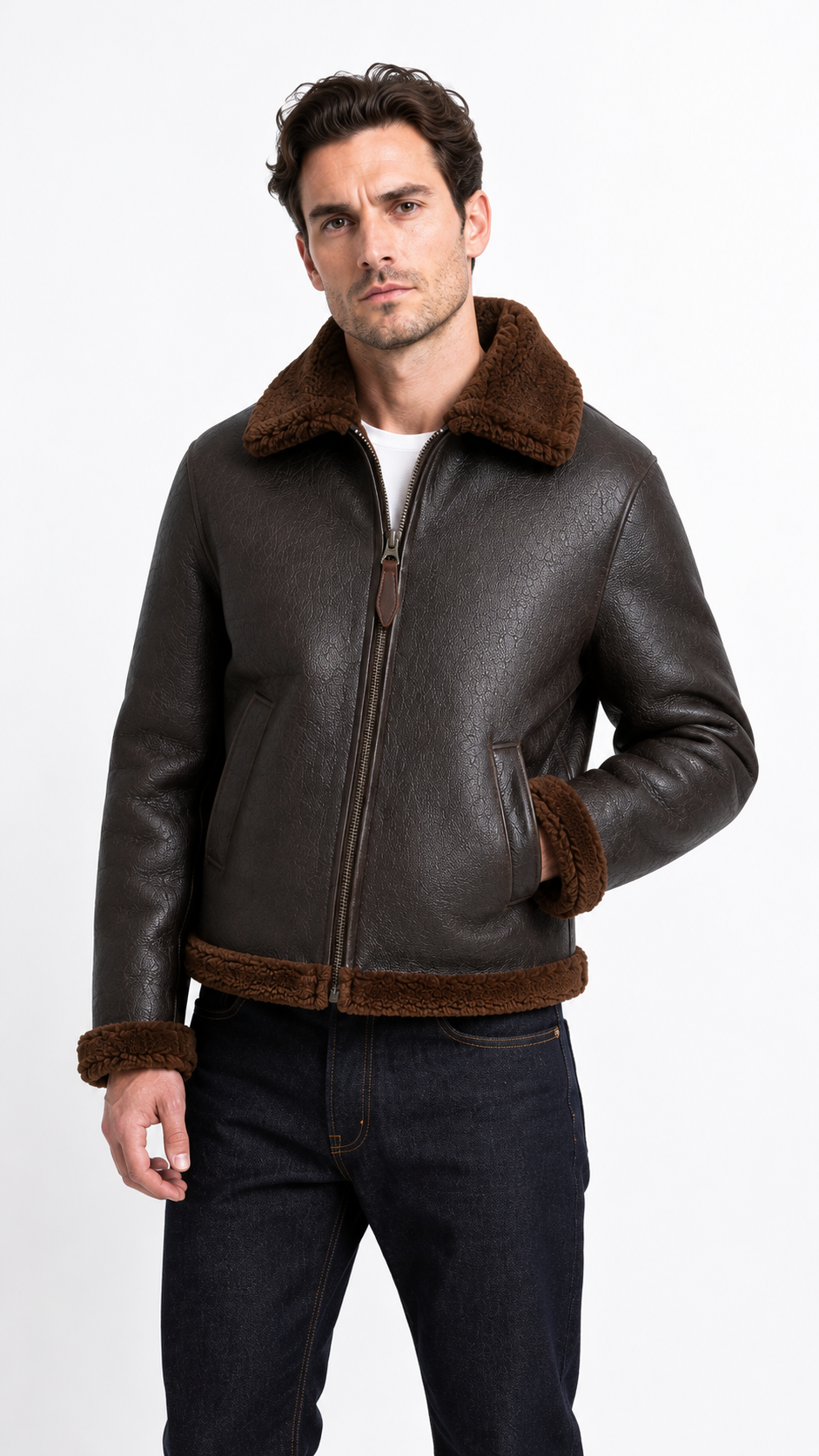 Lamb Fur Brown Leather Jacket for Men
