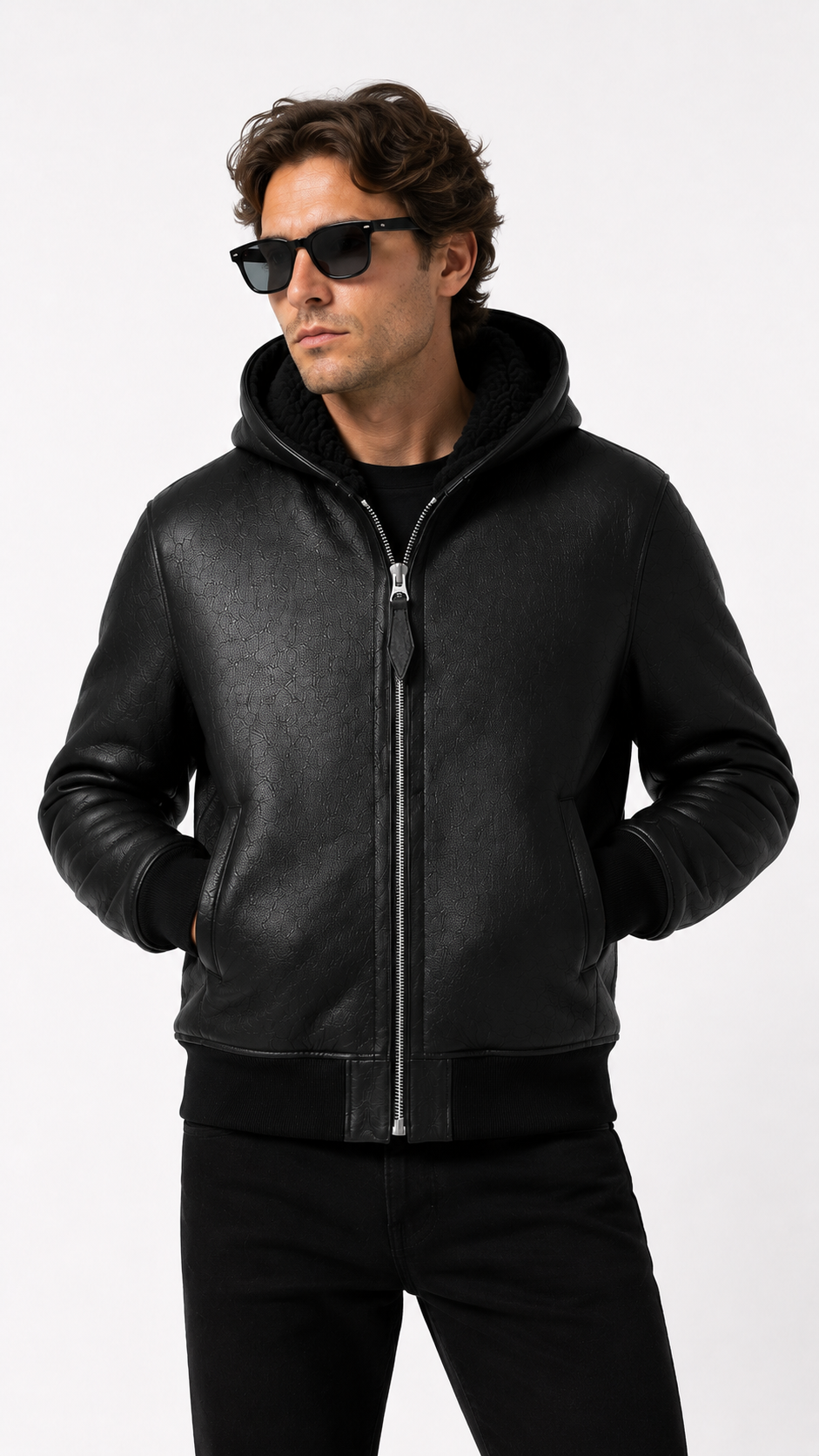 Lamb Leather Fur Black Hooded Jacket for Men