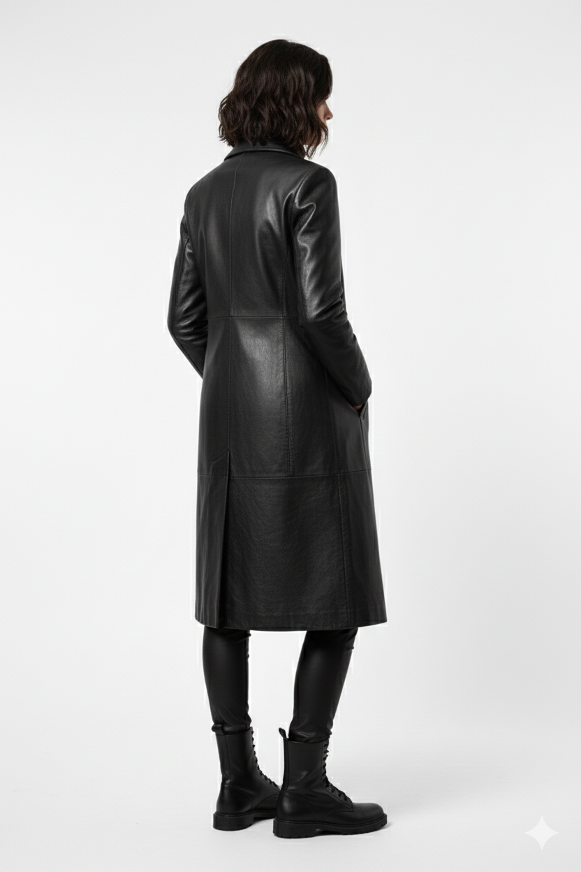 Black Long Lamb Leather Jacket for Women